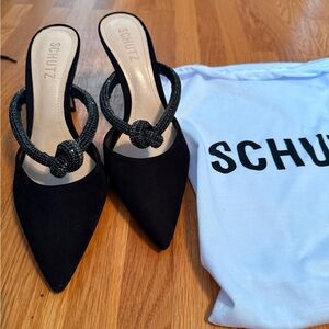Schutz Black Mule  Nubuck with Knotted Crystal Detail